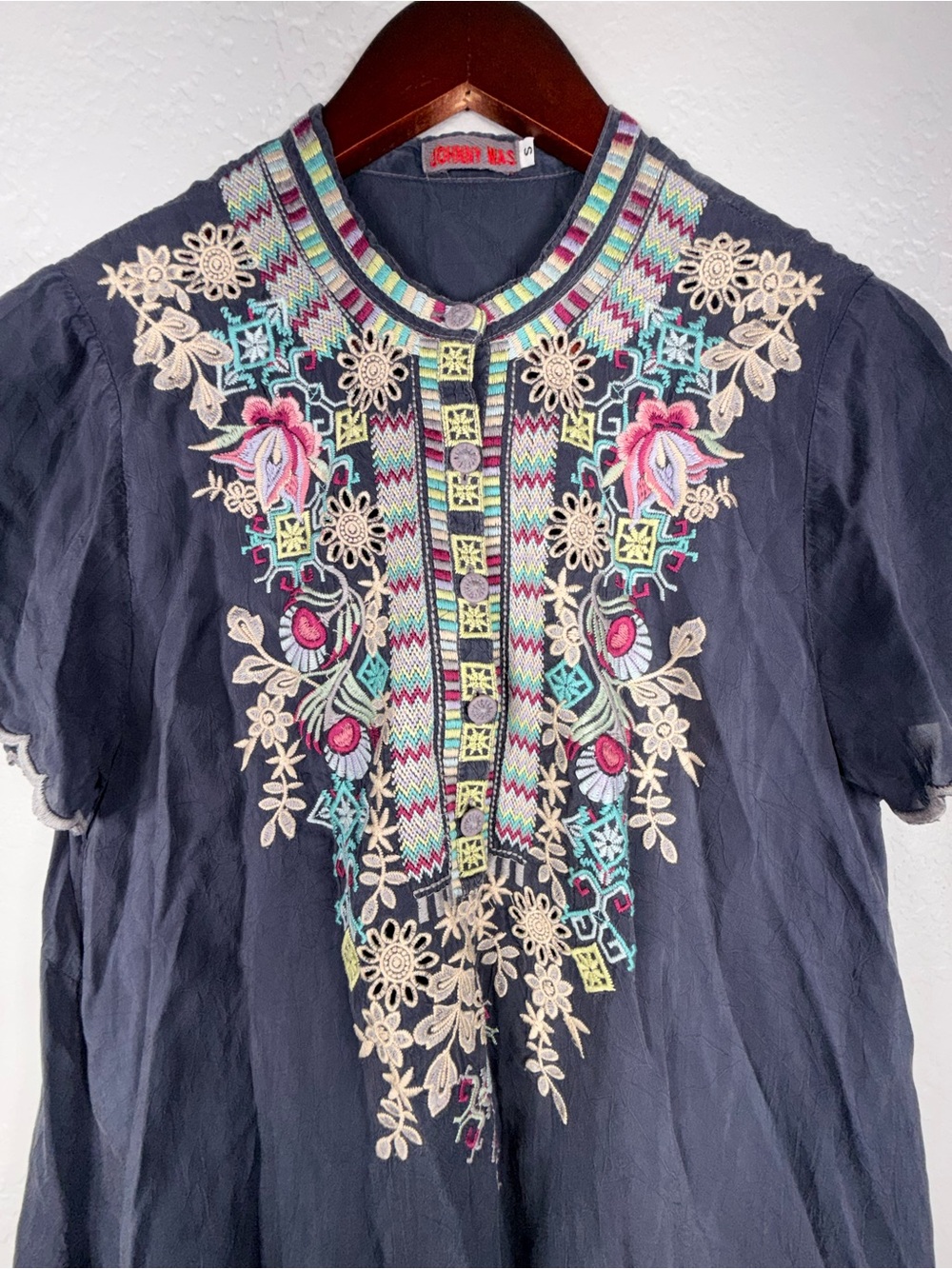 Johnny Was Navy Blue Embroidered Cupra Rayon Scalloped Tunic Top C91704-3 Small